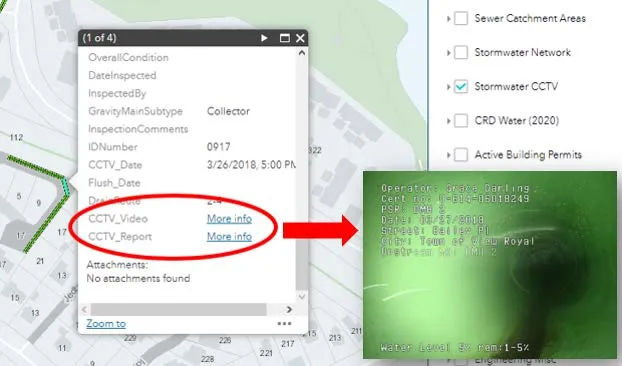 screenshot of the internal Engineering Viewer software showing the "Stormwater CCTV" data layer and video link