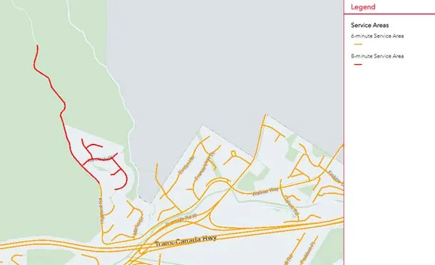 service area map illustrating 6-minute (yellow) and 8-minute (red) response zones from the Public Safety Building