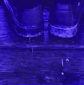 A view of children's shoes and legs as they stand on a wooden dock