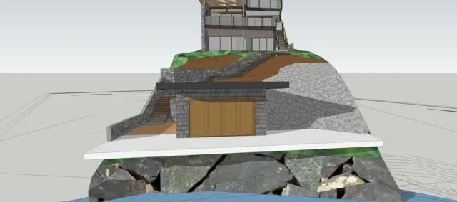 Photograph of the property with graphical overlays showing the proposed location for a retaining wall and the sections of the boathouse to be removed