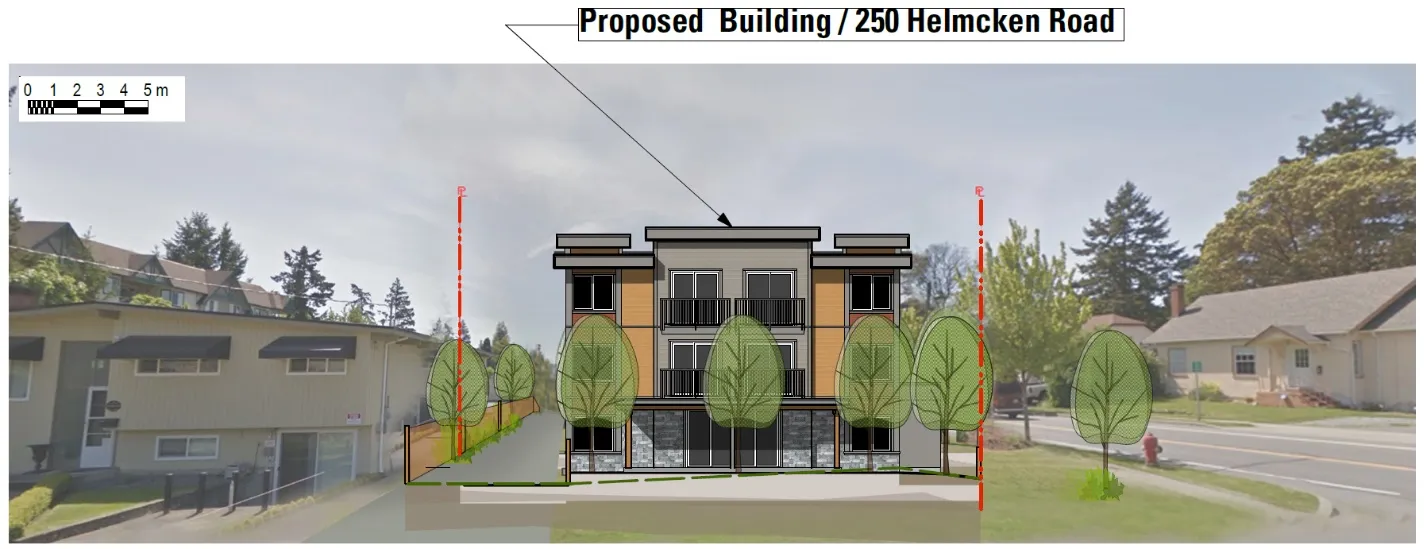 Fig. 1 View from Eltham Road (Joe Newell Architect) rendering of proposed 250 Helmcken Road building