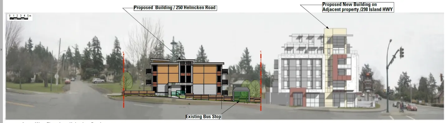 Fig. 2 View from Helmcken Road (Joe Newell Architect) rendering of proposed 250 Helmcken Road building and proposed building on adjacent 298 Island HWY property