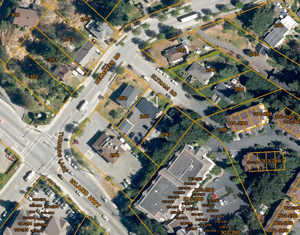 Aerial view map with property line overlays and address labels for 250 Helmcken Road and the surrounding neighborhood, including Helmcken Rd, Eltham Rd, and Island Hwy.