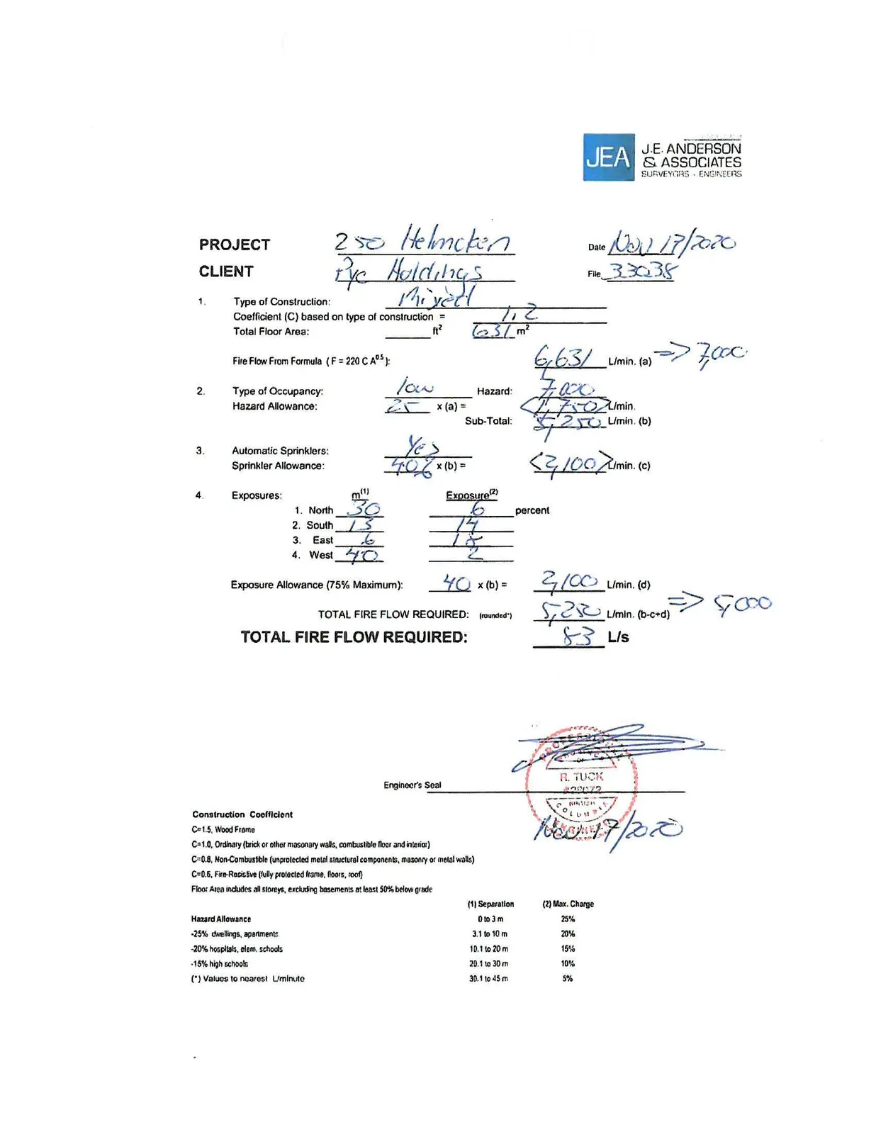 Fire flow requirement calculation worksheet