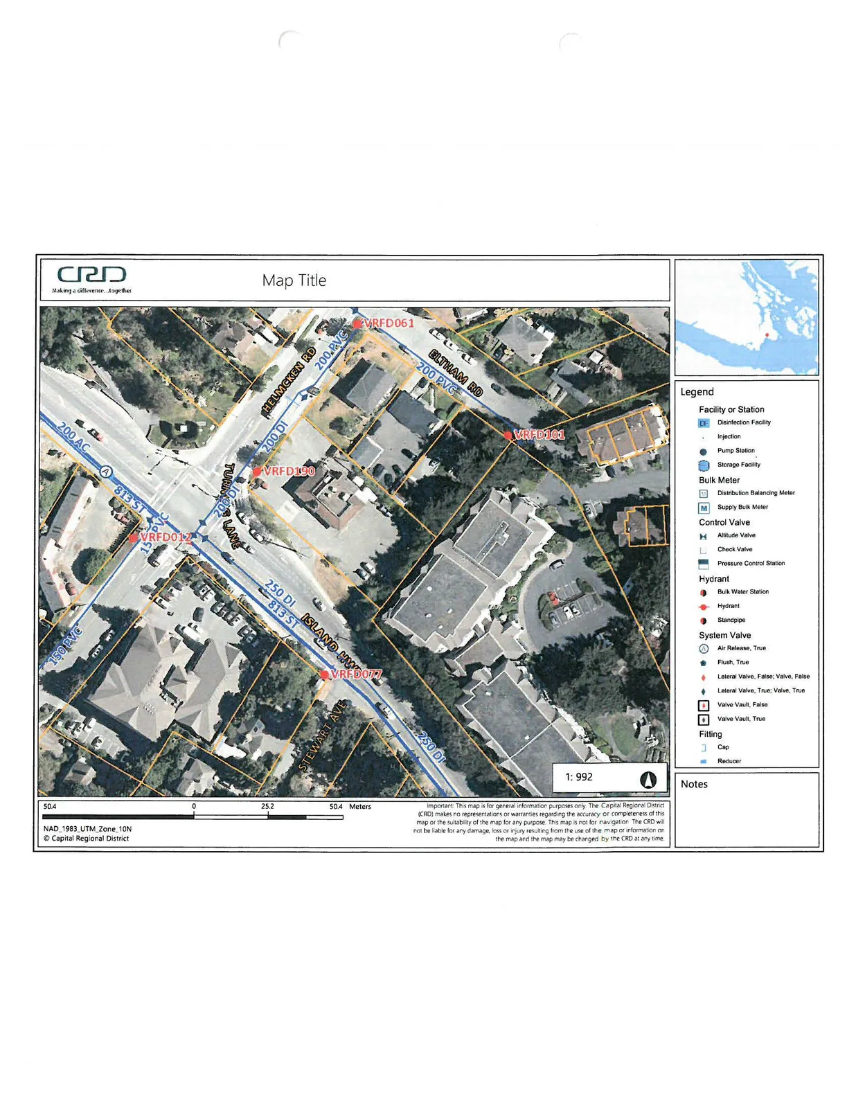 CRD water utility map showing hydrants and water lines near 250 Helmcken Road