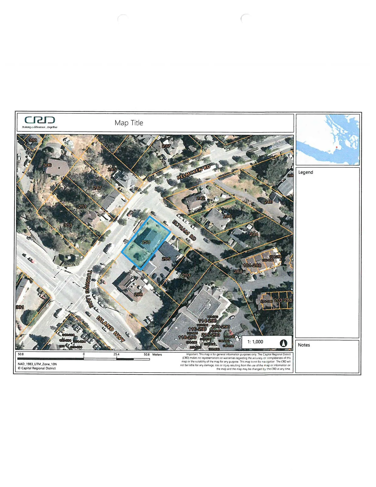 Aerial map of the project site at 250 Helmcken Road and surrounding parcels