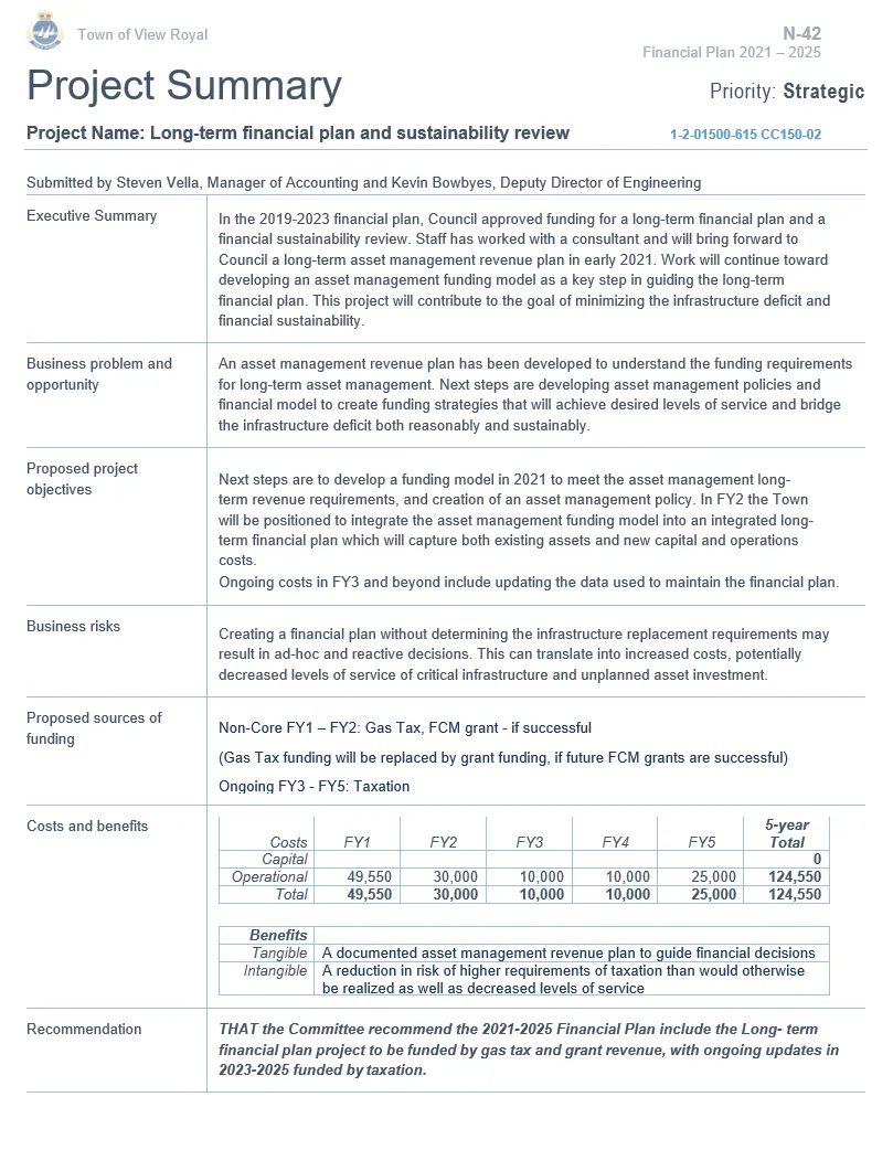 Project Summary for the Long-term financial plan and sustainability review
