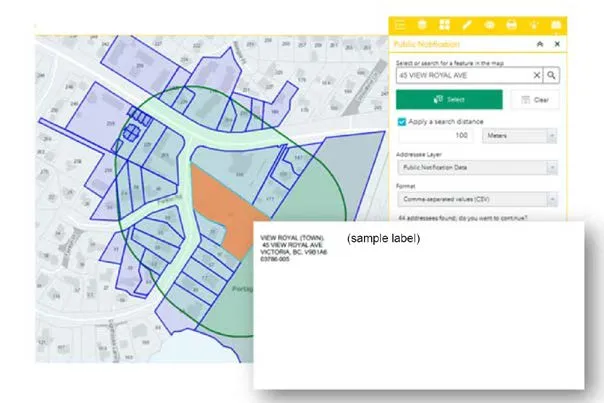 Screenshot of the GIS tool showing a 100-meter buffer around a property and a sample address label