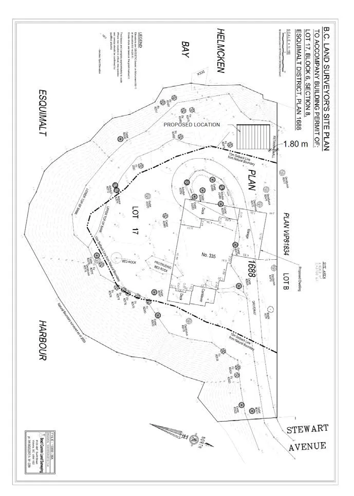 B.C. Land Surveyor's Site Plan for 335 Stewart Avenue showing the property layout and proposed boathouse location