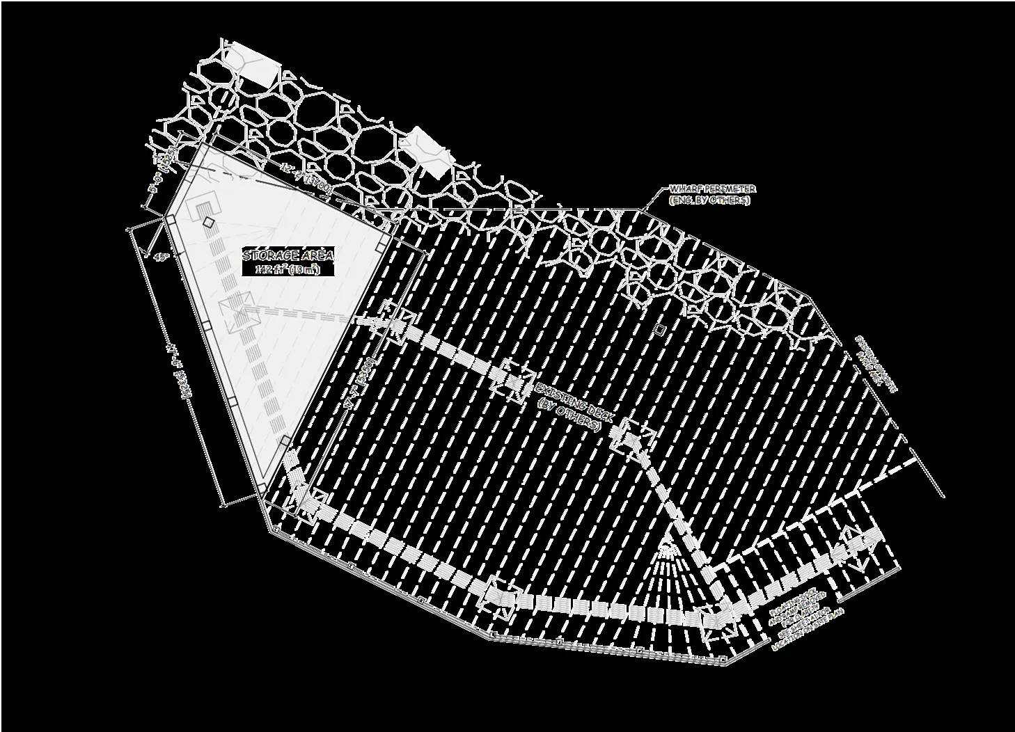 Technical drawing showing the proposed 142 sq. ft. storage area footprint and its relation to the existing deck and wharf perimeter