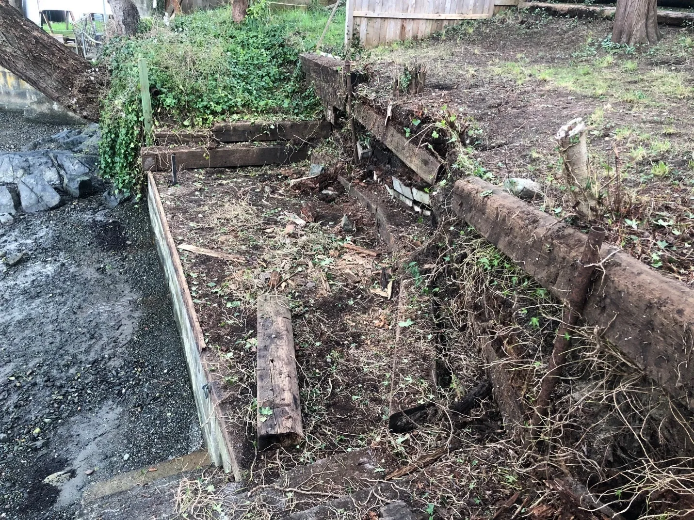 Photograph of the shoreline area showing a decaying wooden seawall and exposed soil