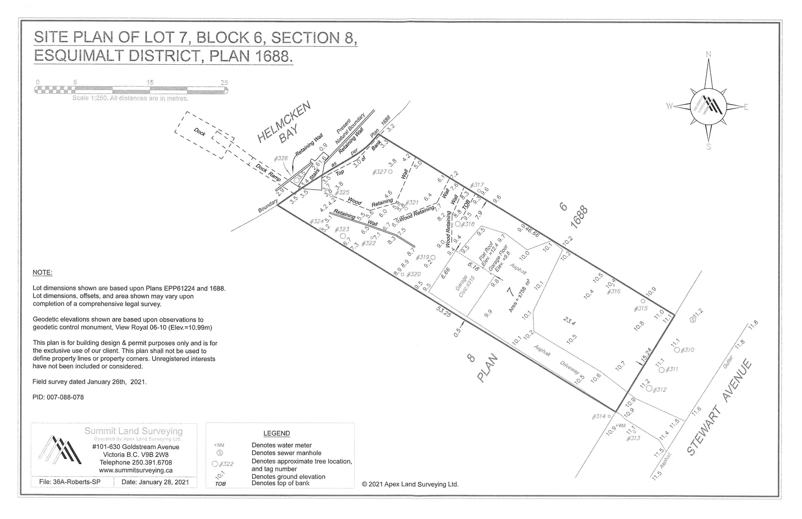 Site plan of Lot 7, Block 6, Section 8, Esquimalt District, Plan 1688, showing property boundaries, ground elevations, retaining walls, trees, a garage structure, and access to Helmcken Bay and Stewart Avenue.
