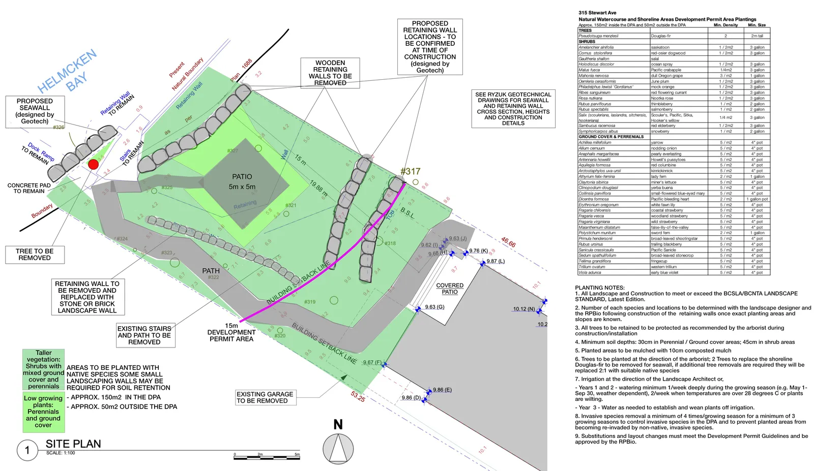 Site plan for 315 Stewart Ave showing proposed developments including a seawall, patio, building setback lines, and landscaping areas. The map includes labels for a proposed seawall, removal of wooden retaining walls, a 15m development permit area, and existing structures to be removed.
