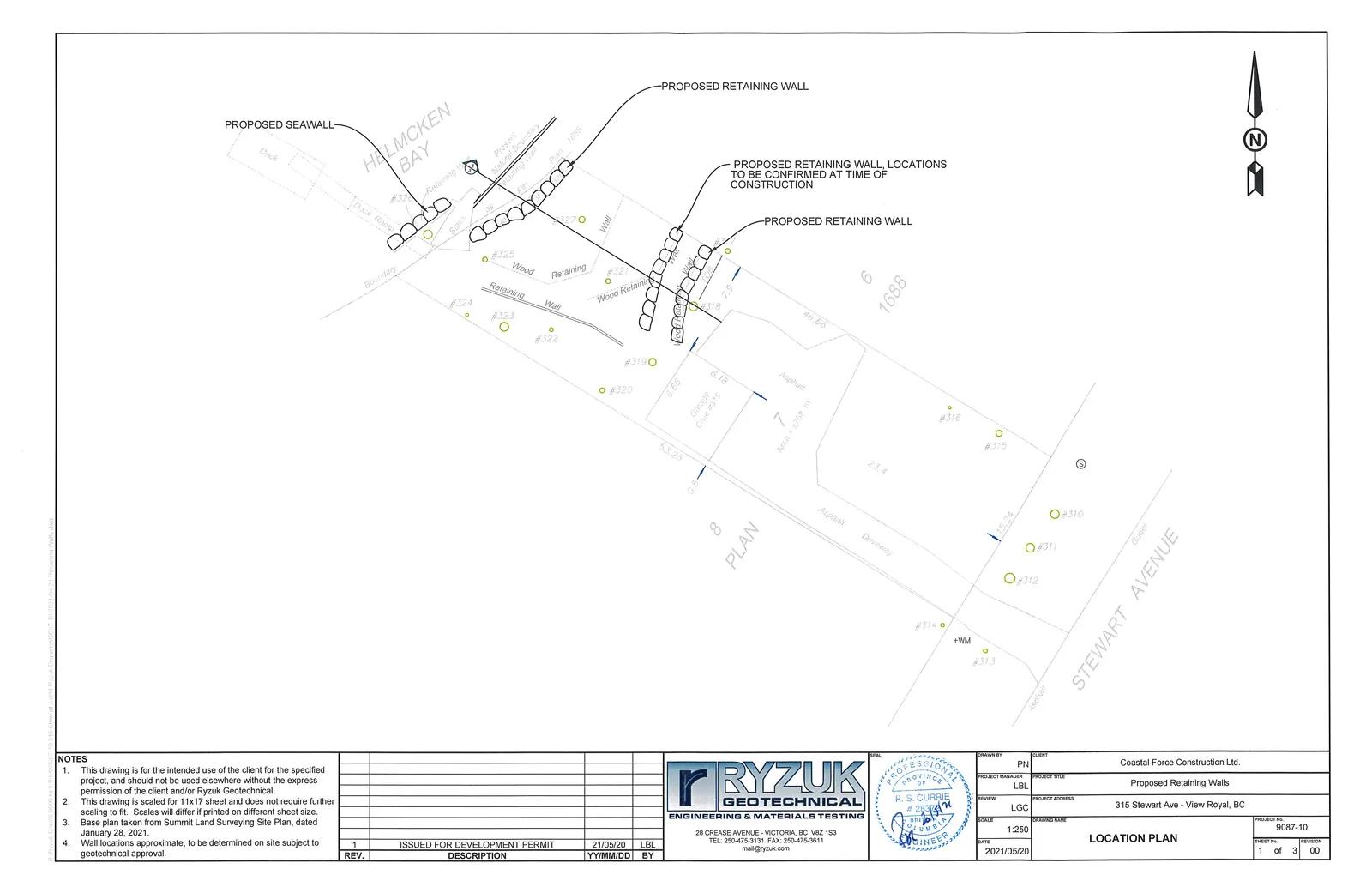 Site map for 315 Stewart Ave showing proposed seawall and retaining wall locations, property boundaries, Helmcken Bay, and surrounding features.