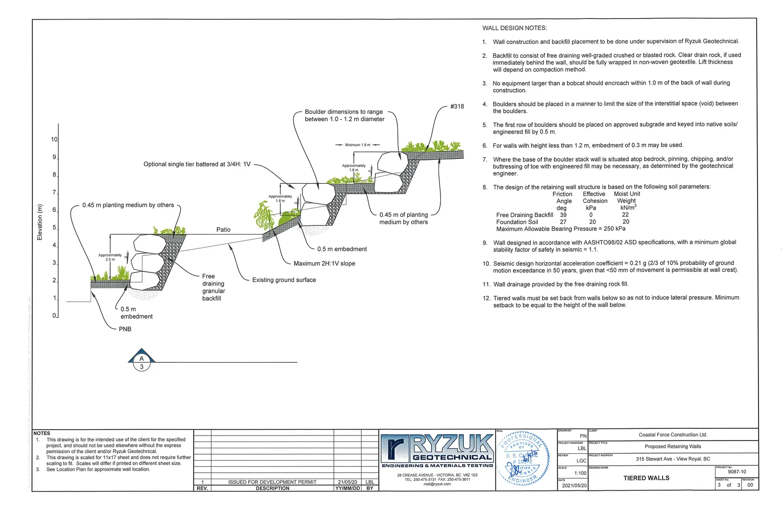 Technical cross-section diagram of tiered boulder retaining walls showing elevation measurements, backfill details, and planting mediums.