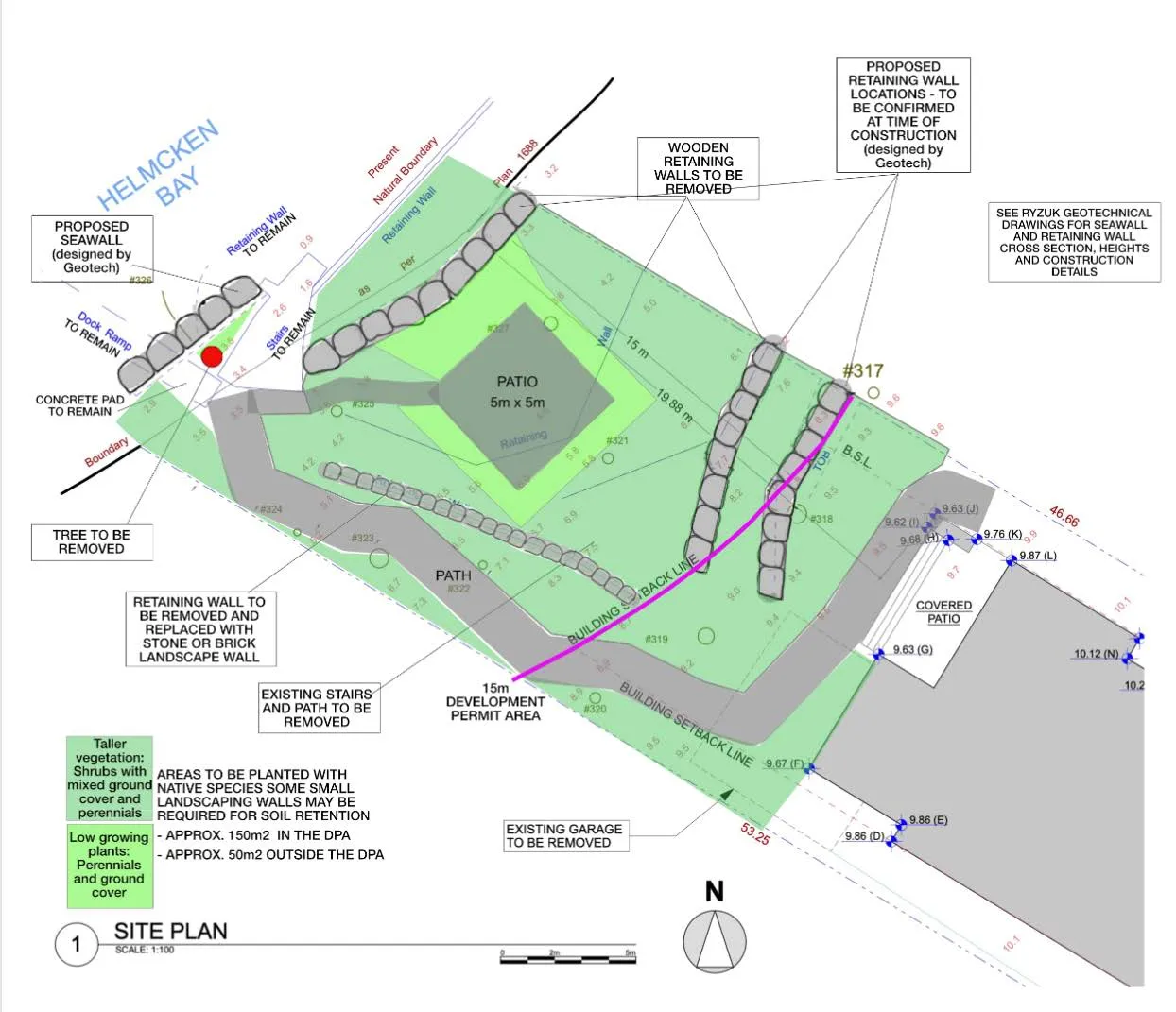 Site Plan for 315 Stewart Ave showing proposed seawall, patio, paths, retaining walls to be removed/replaced, and the 15m Development Permit Area