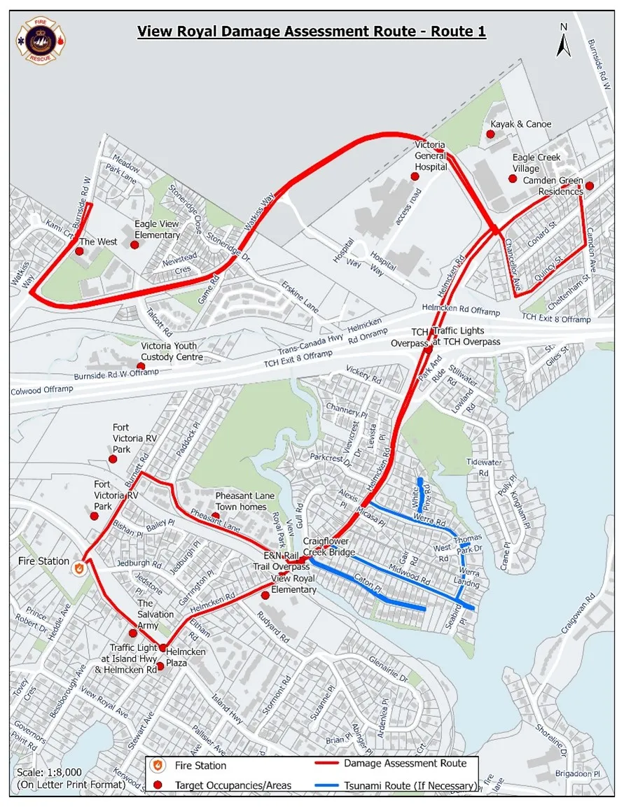 Map of View Royal Damage Assessment Route - Route 1 displaying damage assessment routes, tsunami routes, target occupancies, and fire station locations.