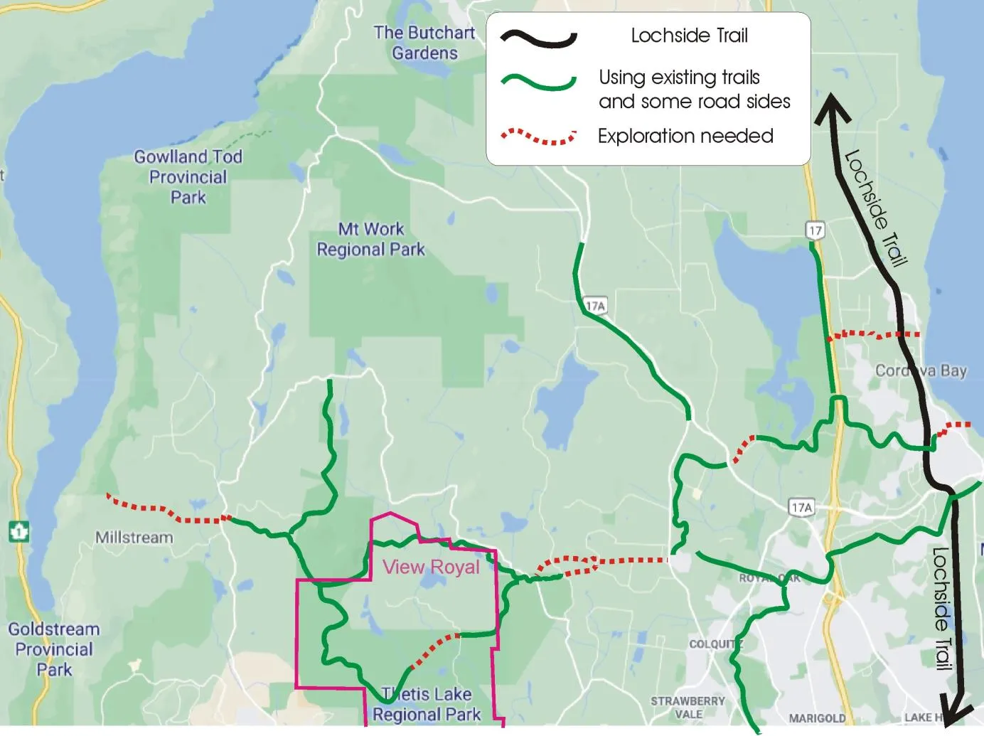Map showing the Coastal Connector Trail concept, illustrating the Lochside Trail, existing trails, road sides, and sections where exploration is needed across the Greater Victoria region including View Royal.