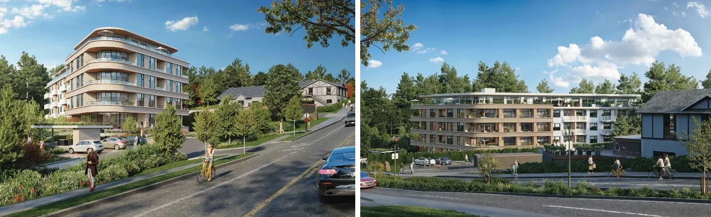 Two architectural renderings of the building as seen from Island Highway