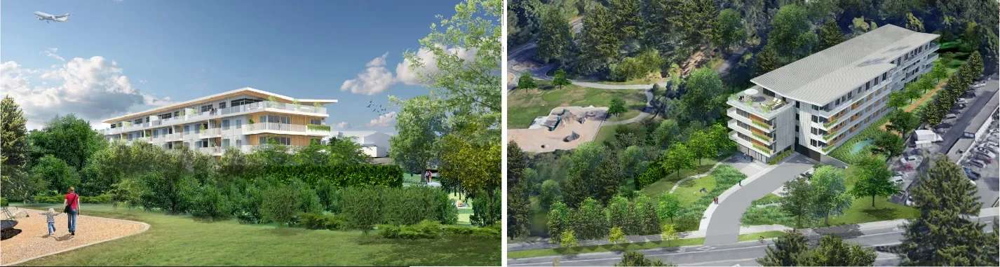 Two architectural renderings of the initial, superseded design concept