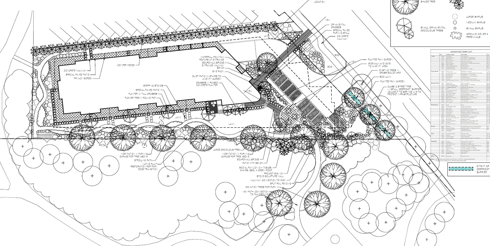 Detailed landscape and site plan with annotations for tree removal and new planting areas