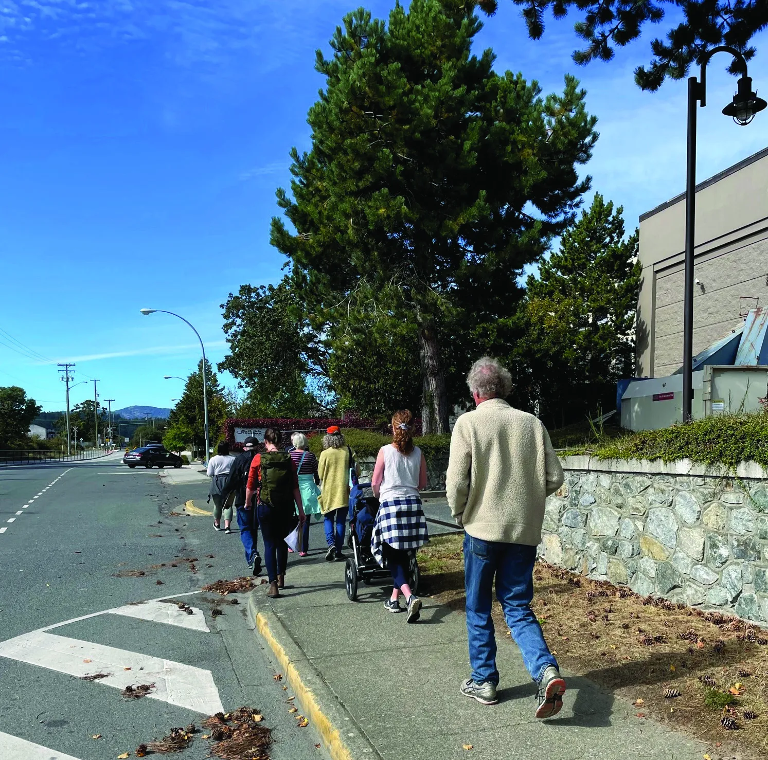 A group of people, including a person with a stroller, walking along a sidewalk near a busy road.