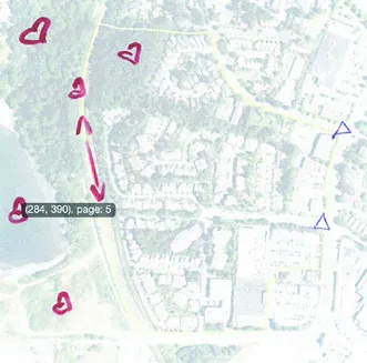 Map of the Admirals Portage area annotated with red hearts and an arrow indicating things residents love.