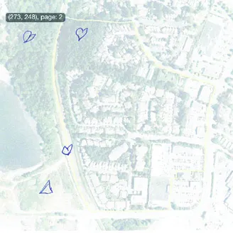 Map of the Admirals Portage area annotated with blue hearts and a triangle indicating things residents want to see changed.