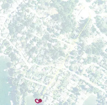 Faded map of the Harbour/Firehall area with a red heart indicating a liked location.
