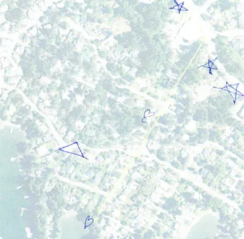 Faded map of the Harbour/Firehall area annotated with blue symbols (heart, star, triangle) indicating areas for change or desired future.
