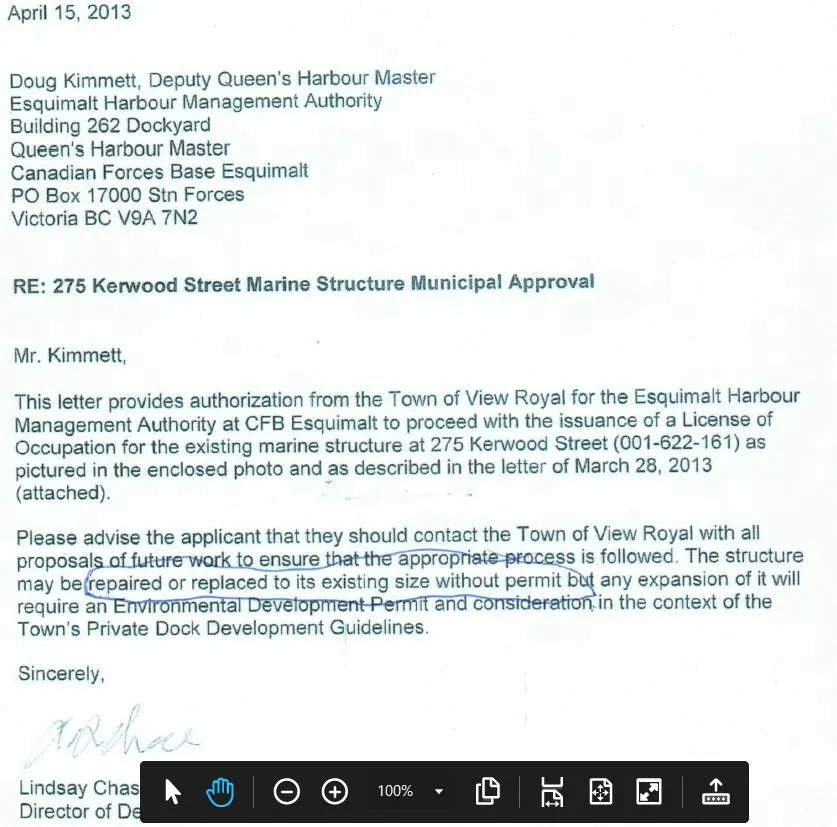 Letter from Town of View Royal dated April 15, 2013 regarding marine structure approval at 275 Kerwood Street