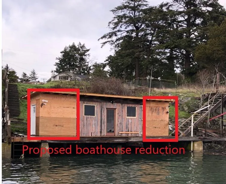 Photo showing proposed boathouse reduction with red boxes indicating the sections to be removed
