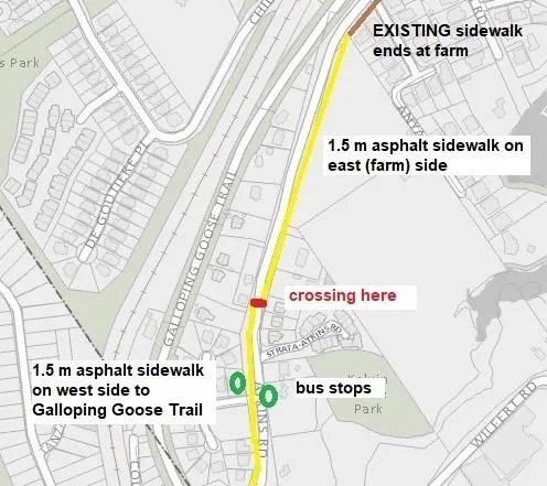 Map of Atkins Road detailing proposed 1.5 m asphalt sidewalks on both the east (farm) side and west side connecting to Galloping Goose Trail, including a crossing and bus stop locations