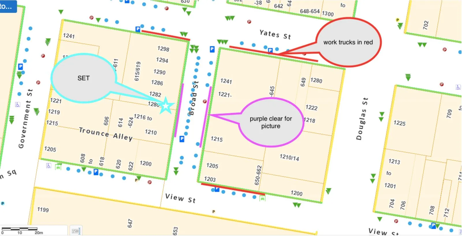 Street use map highlighting the filming "SET" location at the intersection of Trounce Alley and Broad St, "work trucks in red" parking zones on Yates St and View St, and a "purple clear for picture" zone on Broad St.