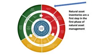 Circular diagram showing the phases of natural asset management—Engage, Assess, Plan, Implement, Review, and Communicate—with an arrow pointing to the "Assess" phase