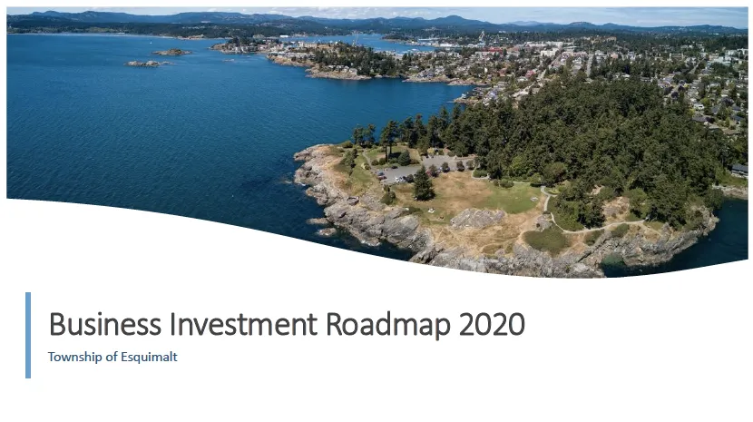 Cover page for "Business Investment Roadmap 2020, Township of Esquimalt" with an aerial coastal photo