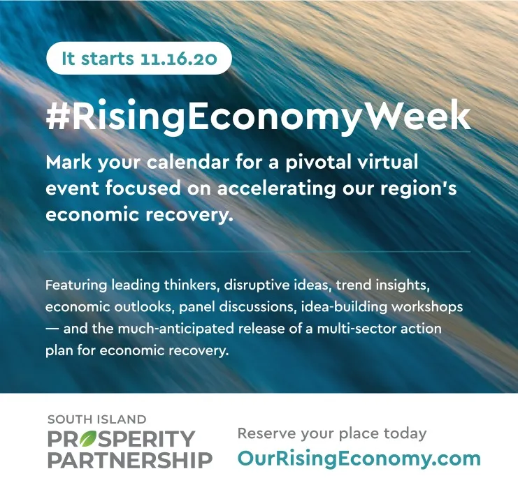 Promotional graphic for "#RisingEconomyWeek" starting 11.16.20 with a background of ocean waves