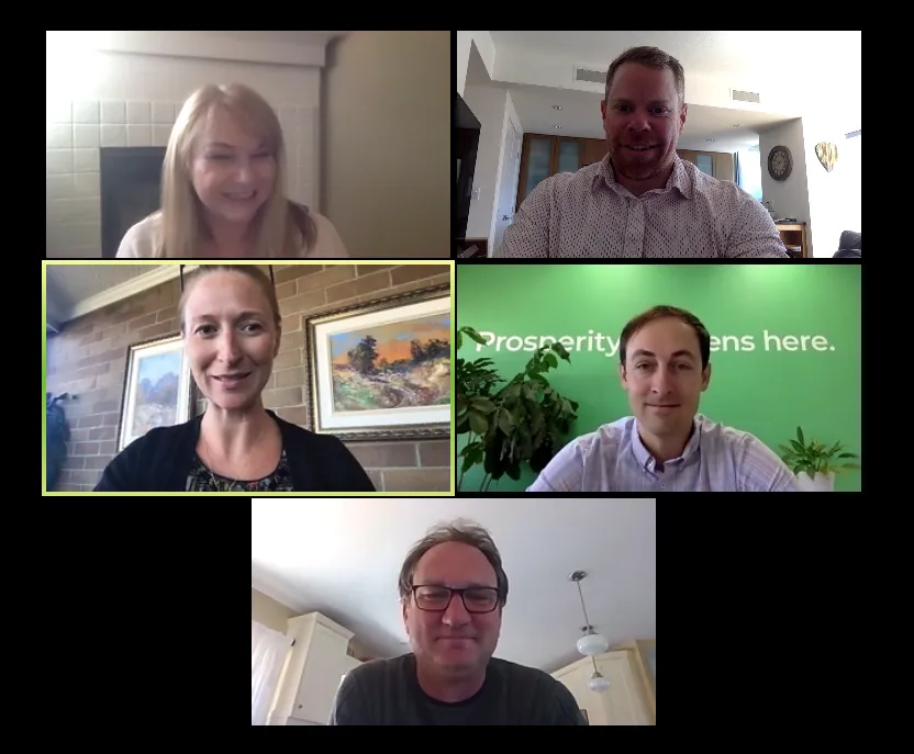 Grid of video call screenshots showing five team members