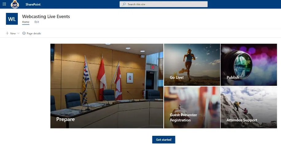 Microsoft SharePoint portal for Webcasting Live Events including sections for Prepare, Go Live!, Publish, Guest Presenter Registration, and Attendee Support