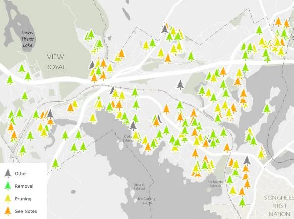 GIS map of View Royal displaying color-coded icons for tree permit statuses: Other, Removal, Pruning, and See Notes