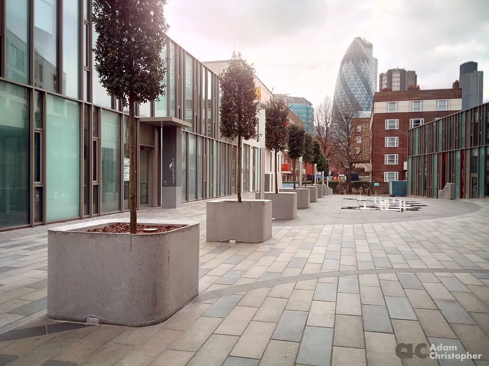 Linear CIP concrete tree planters and brushed concrete paving in an urban plaza setting