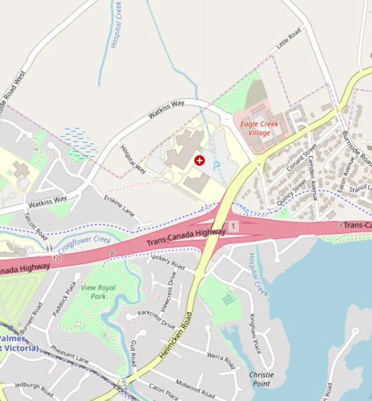 Key map showing the site location at 9 Erskine Lane, View Royal, British Columbia, relative to the Trans-Canada Highway and Eagle Creek Village.