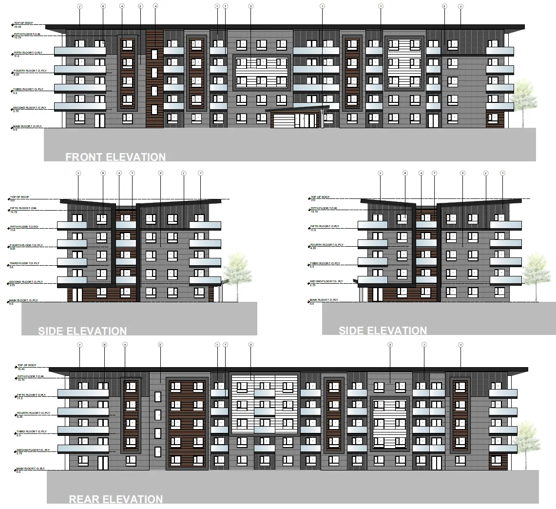 Architectural drawings of front, side, and rear elevations