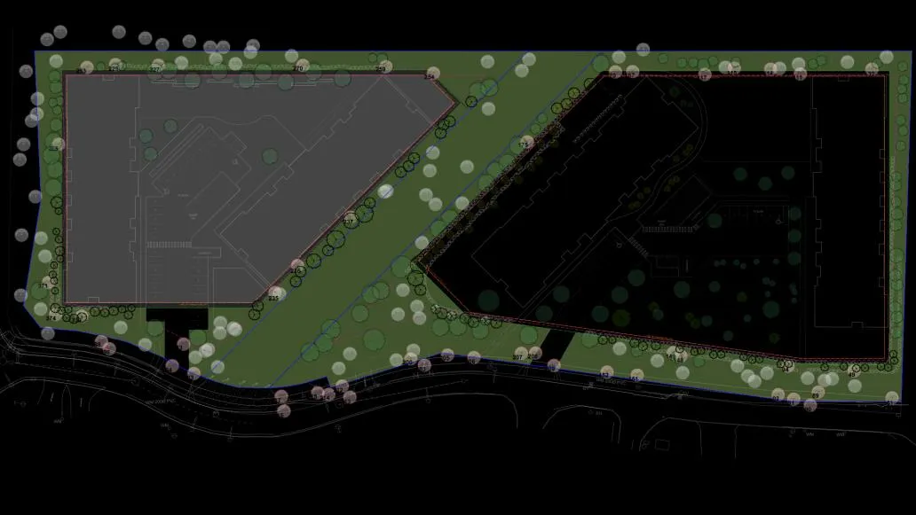 High-angle aerial rendering of the current application with enhanced tree cover