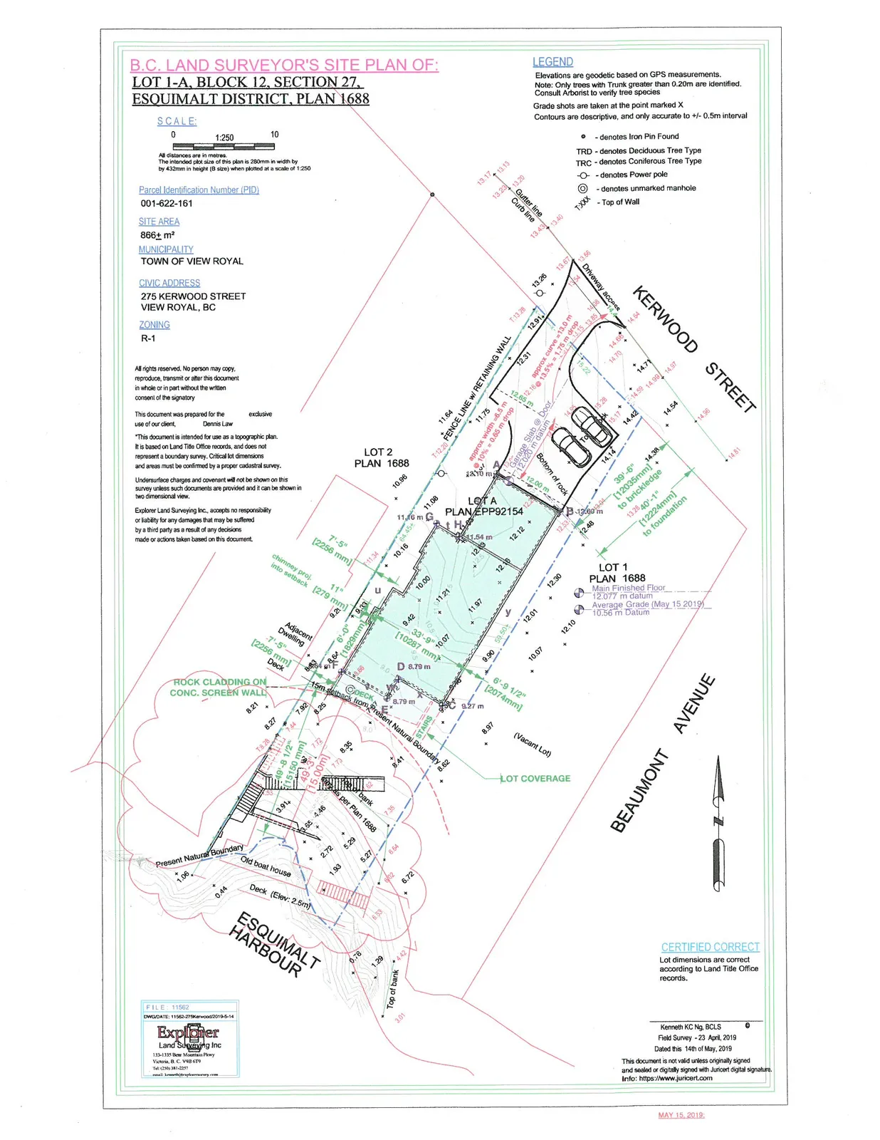 Detailed topographic site plan for 275 Kerwood Street, showing Lot 1-A and adjacent properties (Lot 1, Lot 2, Lot A). The plan features elevation contours, existing structures including a deck and old boat house, setbacks from the natural boundary of Esquimalt Harbour, and street locations for Kerwood Street and Beaumont Avenue.