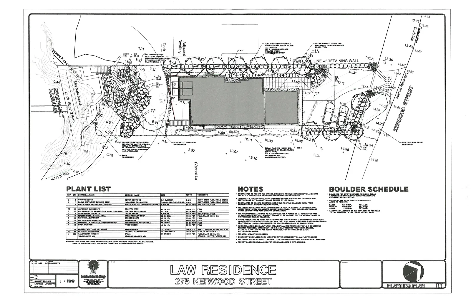 Detailed landscape architecture planting plan for Law Residence at 275 Kerwood Street, showing building footprint, retaining walls, driveway, harbor boundary, and specific plant and boulder placement locations.