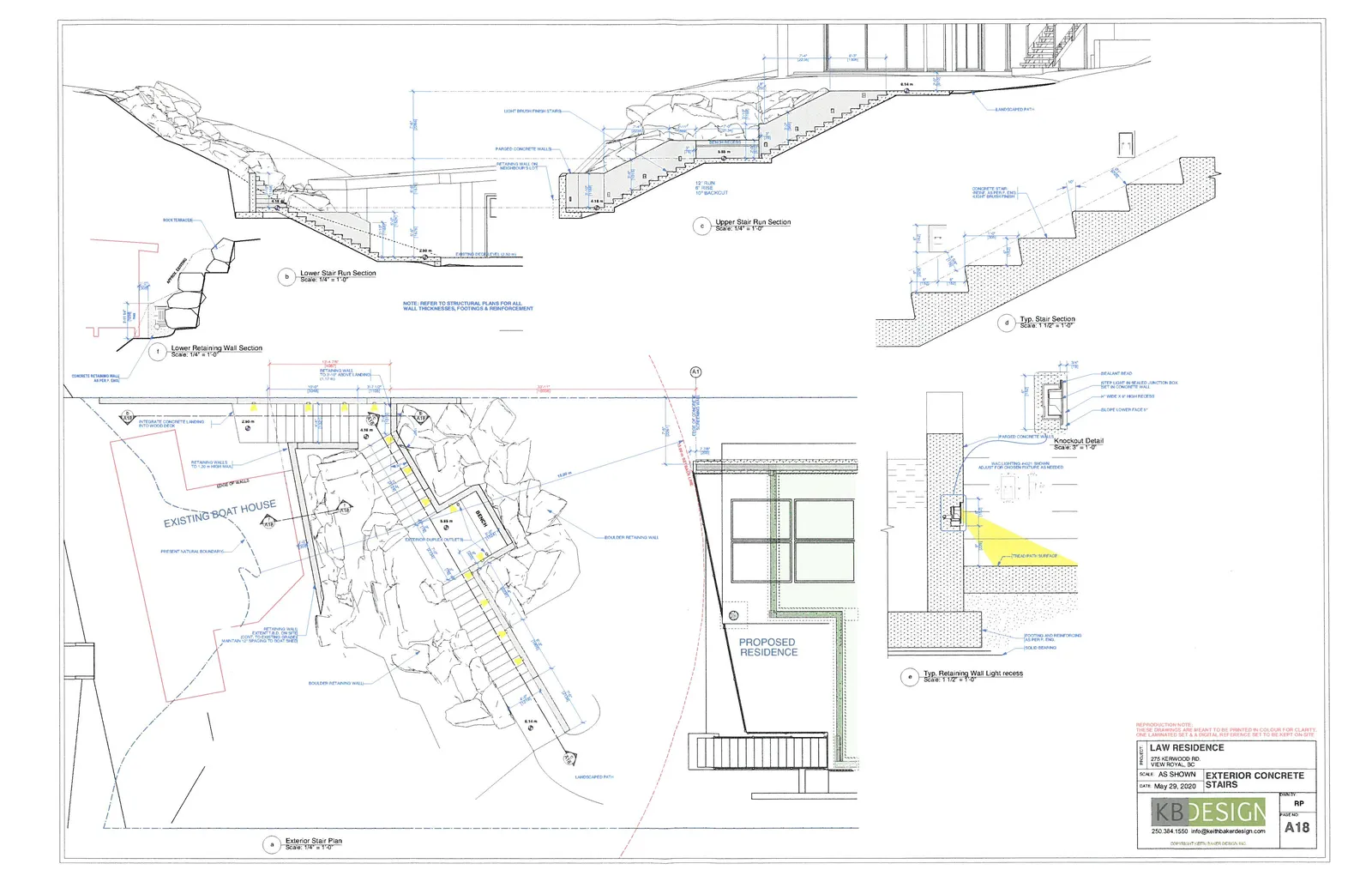 Architectural drawing titled 'EXTERIOR CONCRETE STAIRS' for the Law Residence, featuring a plan view and multiple cross-sections of outdoor stairs and retaining walls.