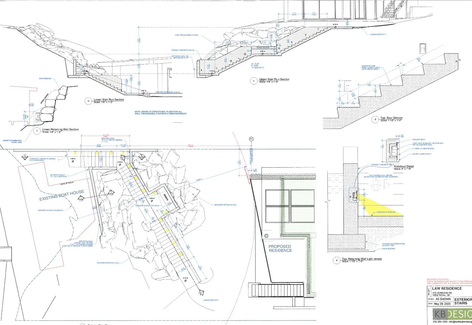 Architectural drawings showing lower and upper stair run sections, knockout details, and technical exterior stair specifications