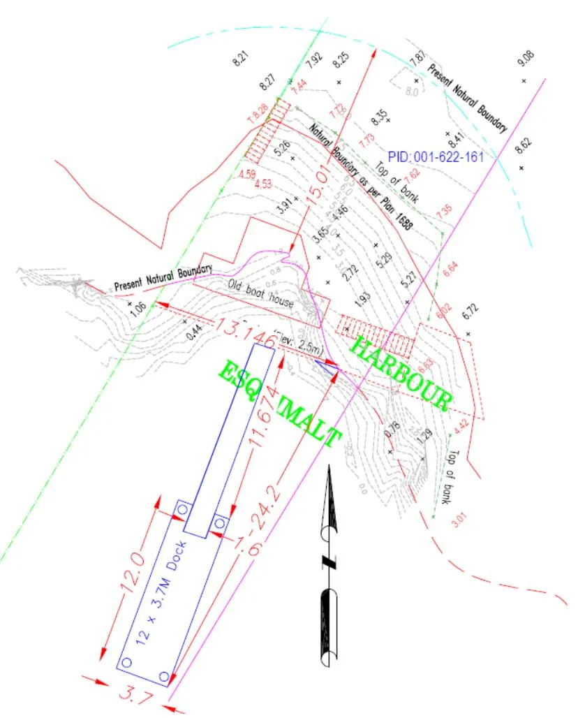 Site plan diagram for 275 Kerwood St showing the proposed dock, existing platform, natural boundary, and Harbour property lines