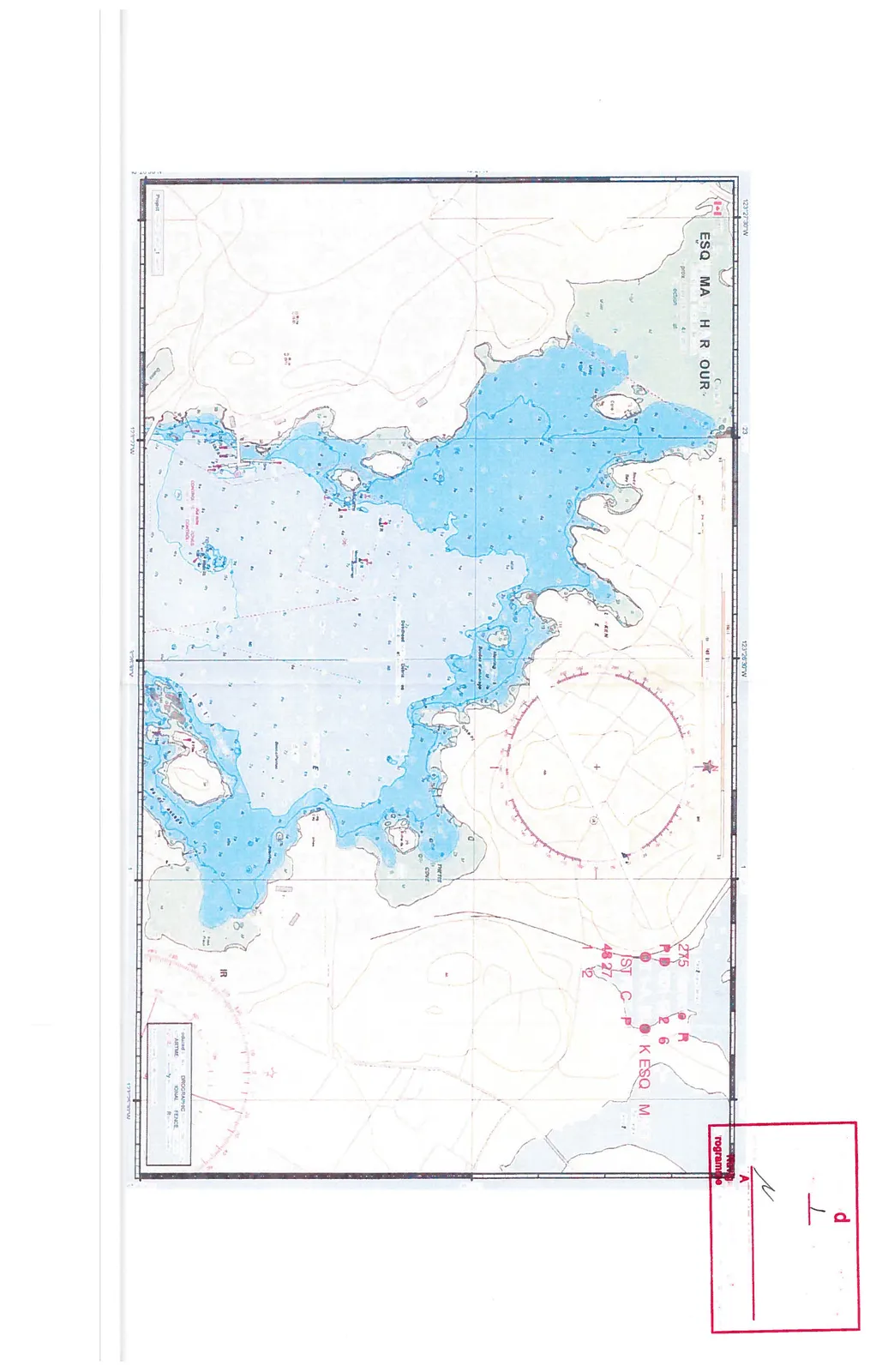 Nautical chart of Esquimalt Harbour, British Columbia, showing water depths, shoreline features, and navigation notations.